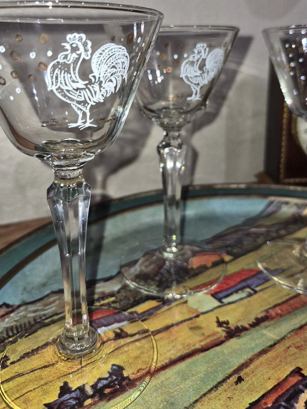 MCM Libbey Glass Rooster CHANTICLEER 3 Pc Cocktail Martini Set Stemmed Barware